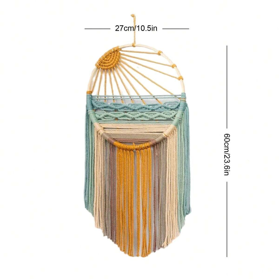 1pc Macrame Wall Hanging, Colorful Beach Landscape, Handmade Woven Floral Border, Fringed Bamboo Ring Backdrop, Dreamcatcher Wall Tapestry