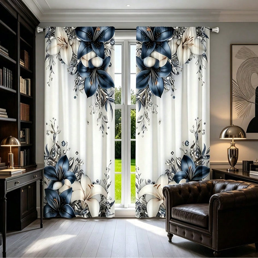 2pcs Luxury Lily Flower Curtains, Blue & White Lily Floral Print, High-Quality Room Decor Curtains Suitable For Wedding Decoration, Rod Pocket Design, Privacy Protection, Suitable For All Seasons, Multi-Functional Decorative Curtains