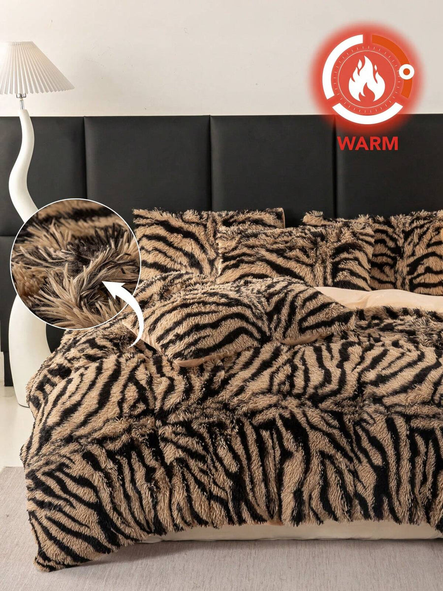 3Pcs Zebra Animal Pattern Print Bedding Plush Shaggy Duvet Cover Set Fluffy Duvet Cover With Pillowcases (1pc Fluffy Duvet Cover+2pcs Pillowcases) Bedding Set For Bedroom Guest Room King Queen Full Twin Size Christmas Gift